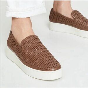 Vince Stafford Woven Leather Almond Toe‎ Platform Slip-On Sneakers Brown Tan 8